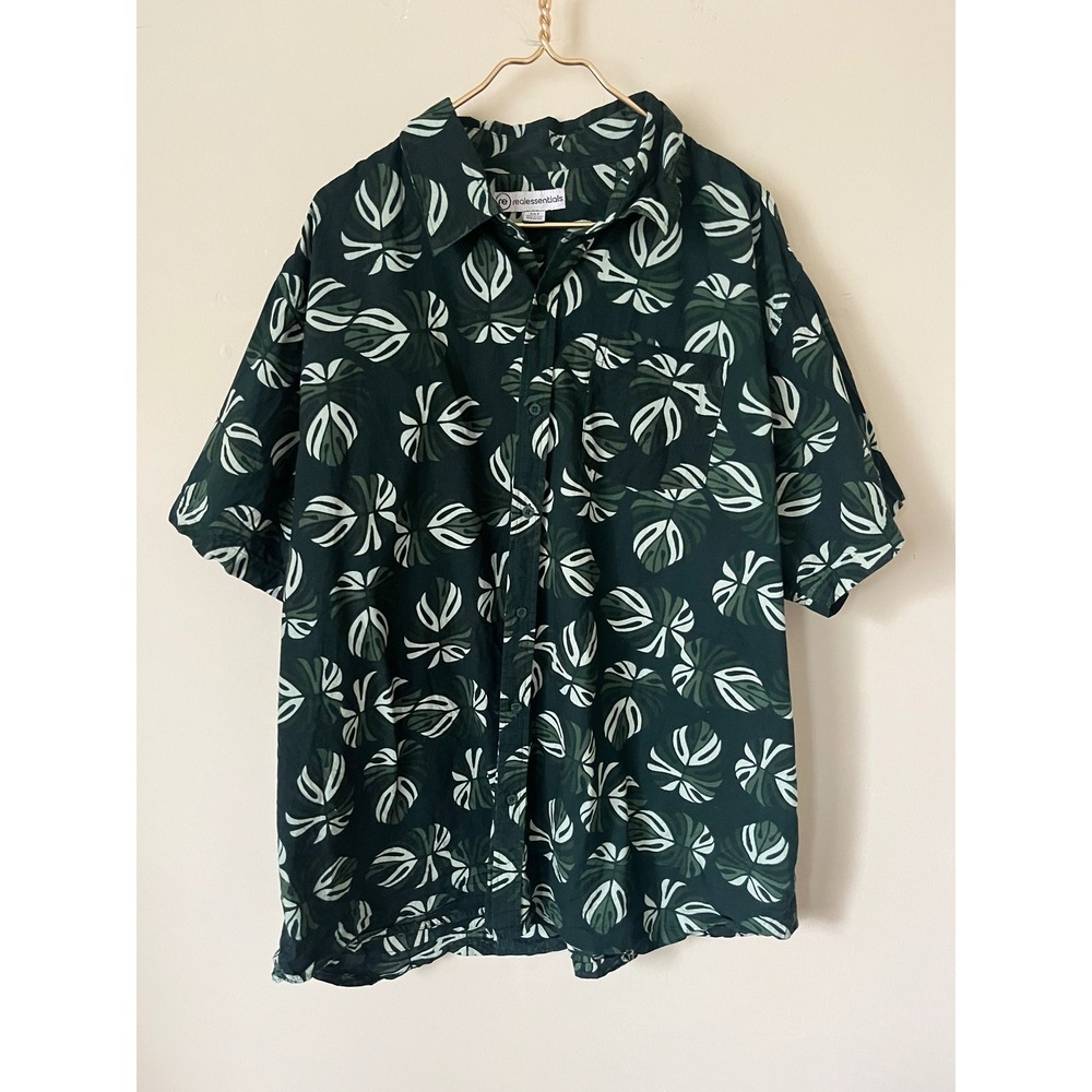 Real Essentials men 3XT Green Monstera Tropical Hawaii Summer Button Up Shirt